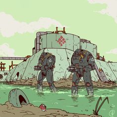 two cartoon characters are walking through the water in front of a large structure that looks like an island