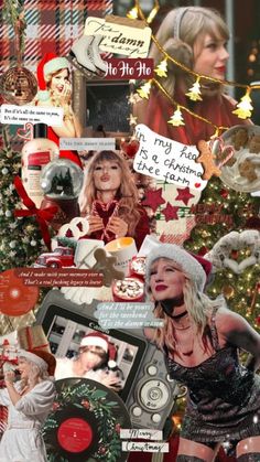 the collage has many different pictures and words on it, including christmas tree with presents