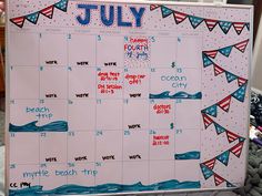 a calendar with red, white and blue flags on it that says july in english