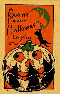 an orange and black halloween card with cats on it