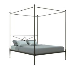 an iron bed frame with four posts and pillows on the bottom, against a white background