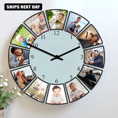 a large clock with many photos on it