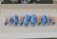 Super cute coquette blueberry nails with pearl details. Nails come in custom and standard nail sizes. Pick your preferred shape! Each set also comes with everything you need for application. Blueberry Nails, Nails With Pearl, Western Nails, Retro Nails, Custom Press On Nails, Cute Coquette, Inspired Nails, Bridal Outfit, Pearl Details