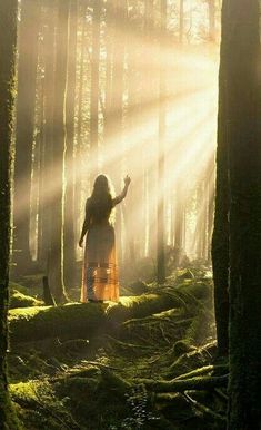 a woman standing in the middle of a forest with sunbeams shining through her