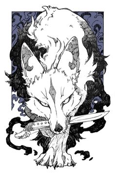 a black and white drawing of a wolf holding a knife