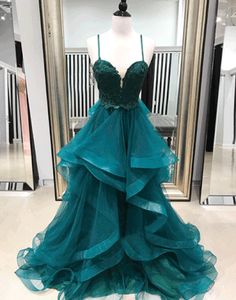 Spaghetti Straps Emerald Green A-line Custom Long Evening Prom Dresses, 17723 Emerald Prom, Emerald Prom Dress, Prom Dress With Ruffles, Prom Dresses Green, Simple Prom Dresses, Lace Long Prom Dress, Green Evening Dress, Green Tulle, Prom Dresses 2020