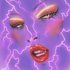 a woman's face with lightning in the background