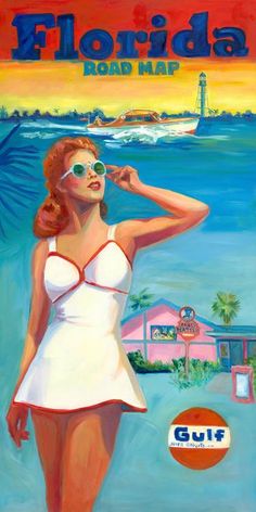 a painting of a woman in a bathing suit on the beach with her sunglasses up