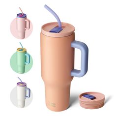 thermos cup with lid and handle is shown in different colors