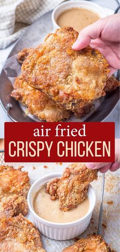 air fried crispy chicken on a plate with dipping sauce in the middle and two images above