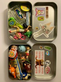 three tins filled with different types of toys