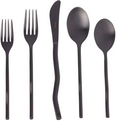 four forks, two spoons and one knife are shown in this image on a white background