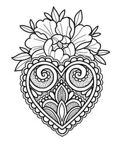 an ornate heart with flowers and leaves in the center, on a white background illustration