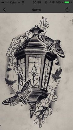 a drawing of a lantern with flowers and butterflies around it