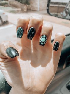 Black Nails With Turquoise, Western Fingernails, Black Nails Western, Black And Turquoise Nails Western, Turquoise Black Nails, Black Turquoise Nails, Black And Turquoise Nails, Black Western Nails, Turquoise And Black Nails