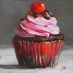 an oil painting of a cupcake with pink frosting and a cherry on top