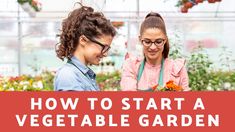 two girls in a greenhouse looking at flowers and plants with the words how to start a vegetable garden