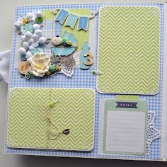 an open scrapbook with paper and buttons on it