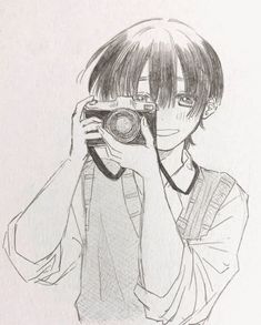 a pencil drawing of a person holding a camera in front of their face and looking into the distance