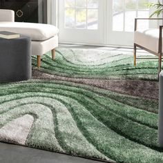 a living room with green and gray rugs on the floor next to a couch