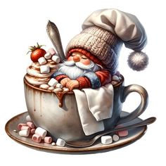 a painting of a santa claus in a coffee cup with marshmallows on the side