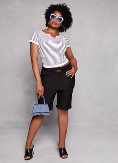 High Waisted, Bermuda Shorts, Belt Included, Stretch, Solid, Item Number 0865056570514 Plus Size Belts, Maxi Tops, Burgundy Top, Tie Neck Tops, Plus Size Shorts, Front Tie Top, Basic Tops, Shorts Black, Sweater Blouse