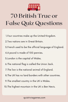 a red bus with the words 70 british true or false quiz questions