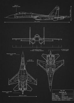 an airplane blueprinted on black paper with measurements and details for the wing section