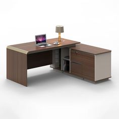 a computer desk with a laptop on top of it next to a cabinet and lamp