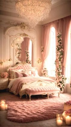 a bedroom decorated in pink and white with roses on the bed, chandelier and candles