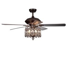 a ceiling fan with three lights and a chandelier hanging from it's blades