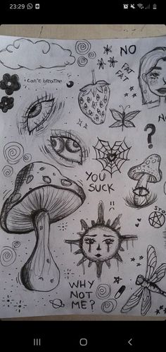 a drawing with many different things on it and the words written in black ink above them