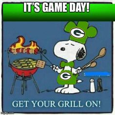 a cartoon character grilling hot dogs with the caption it's game day get your grill on