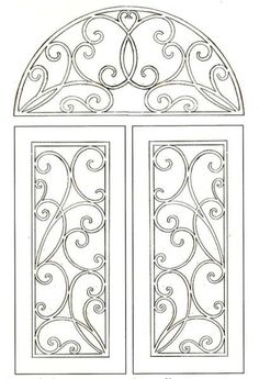 a drawing of an iron door with scroll designs on it and the top panel open