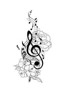 music notes and flowers on a white background