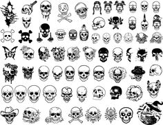 a large collection of skulls with different designs on them, all in black and white