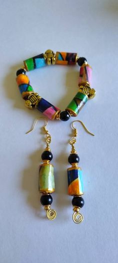 a bracelet and earring set with multicolored beads