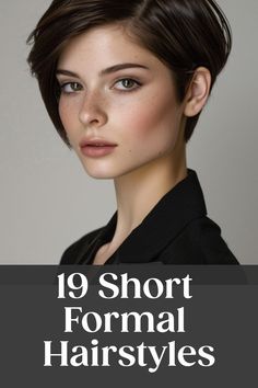 Short-haired model demonstrating a formal hairstyle. Elegant Haircut Classy, Formal Hairstyles For Women, Fancy Hairstyles For Short Hair, Short Hair Formal Styles, Sleek Short Hairstyles, Short Formal Hairstyles, Short Hair Formal, Sleek Pixie, Formal Hairdos