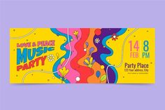 a colorful music party banner with flowers and streamers on the front, in purple background