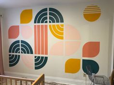 A wall mural for a nursery inspired by Bauhaus and art deco. 60s Mural, Nursery Painted Wall, Bauhaus Mural, Bauhaus Posters, Farmhouse Modern Decor, Home Decor Modern Farmhouse, Mod Wall, Mid Century Modern Artwork, Paint For Kitchen Walls