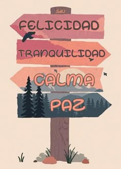 a wooden sign with many different signs on it's side and the words felicidad, tranquillidad, calme, paz