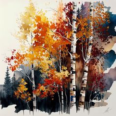 an abstract painting of trees with autumn leaves