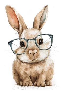 a watercolor painting of a bunny wearing glasses