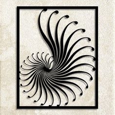 an artistic metal art piece with black swirls on white wall paper, in the shape of a square frame