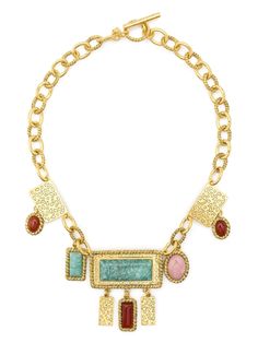 gold-tone/multicolour brass gold plated light pink opal, carnelian, amazonite gemstones engraved plaque charms and gemstone charms chunky chain engraved detailing T-bar fastening polished finish Normal everyday use and external agents may reduce the lustre of gemstones and gold surfaces. To maintain, use specific, non-abrasive products specially meant for cleaning jewellery. Gold Stone Necklace, Multi Gemstone Necklace, Bold Statement Jewelry, Aurelie Bidermann, Engraved Plaque, Demi Fine Jewelry, Iconic Bags, Brass Gold, Fine Earrings