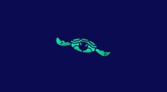 a blue and green logo with an image of a turtle on it's back