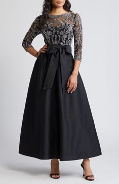 Pisarro Nights Beaded Illusion Neck Taffeta Cocktail Dress | Nordstrom High Low Cocktail Dress, Pisarro Nights, Black And Silver Dress, Mother Of The Bride Dresses Long, Elegant Cocktail Dress, Mother Of Groom Dresses, Mob Dresses, Column Gown, Mothers Dresses