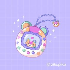 a cartoon bear is hanging from a chain on a purple background with stars and circles