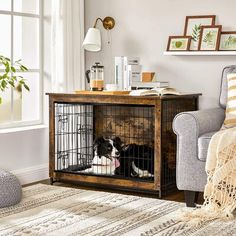 a dog is sitting in its cage on the floor next to a couch and chair