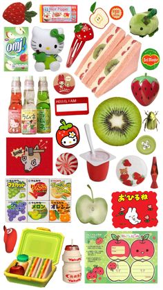 an assortment of food and drink items displayed on a white background with the words hello kitty written in japanese